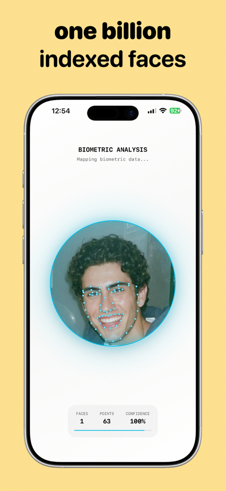 Biometric analysis screen — AI face recognition search mapping facial landmarks